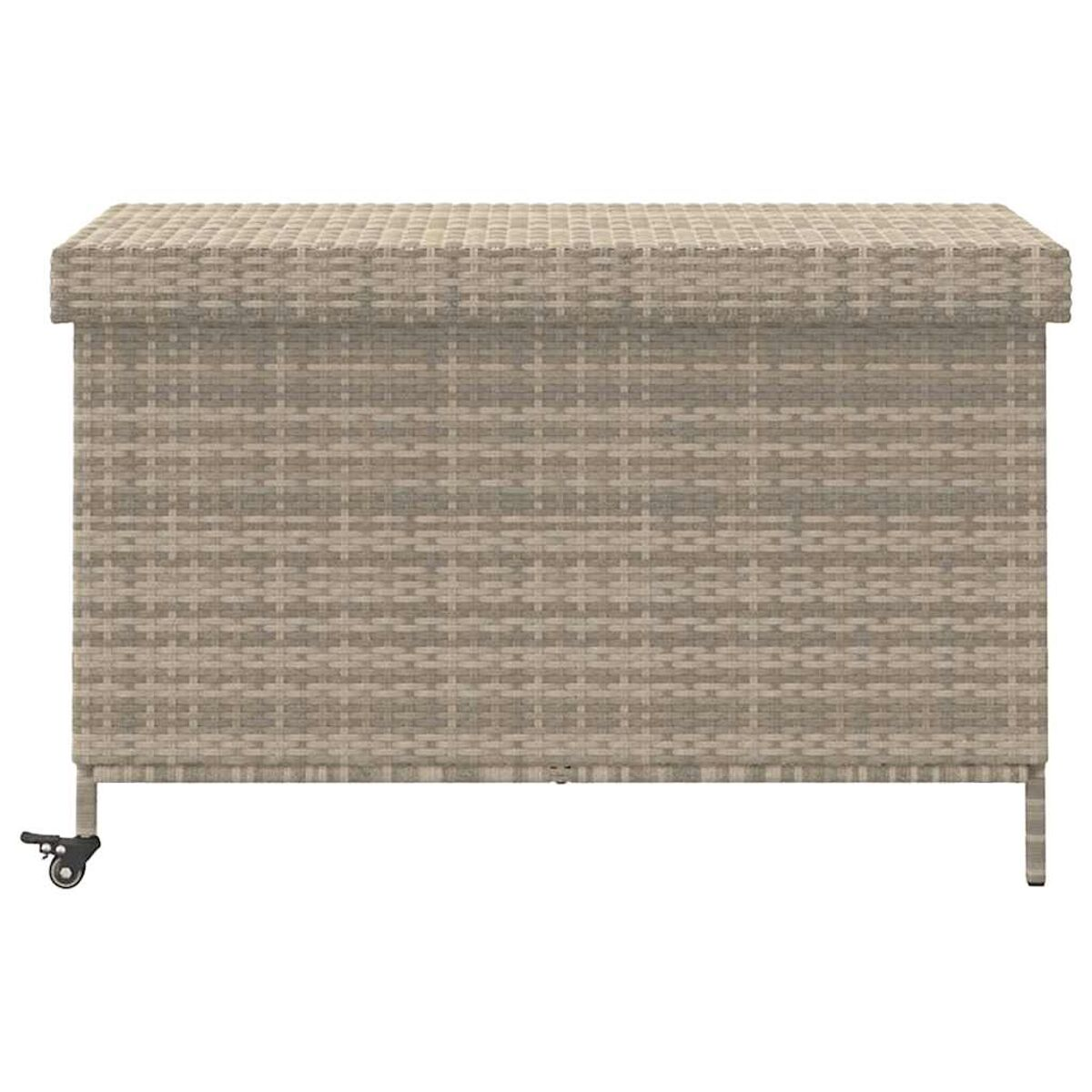 Wicker-Aufbewahrungsbox mit Rädern, beige Farbe, rechteckige Form, mit Deckel.