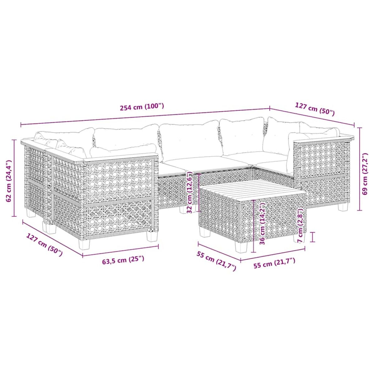 Divano componibile da esterno in rattan con diagrammi che mostrano le dimensioni. Sfondo bianco.