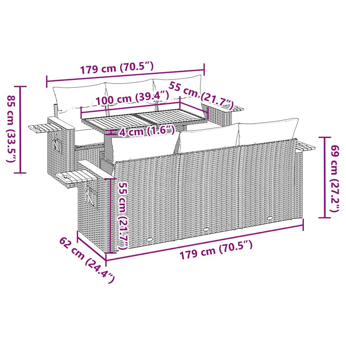 Set patio in vimini con dimensioni. Include un divano, un tavolo e due tavolini, tutti con misure.