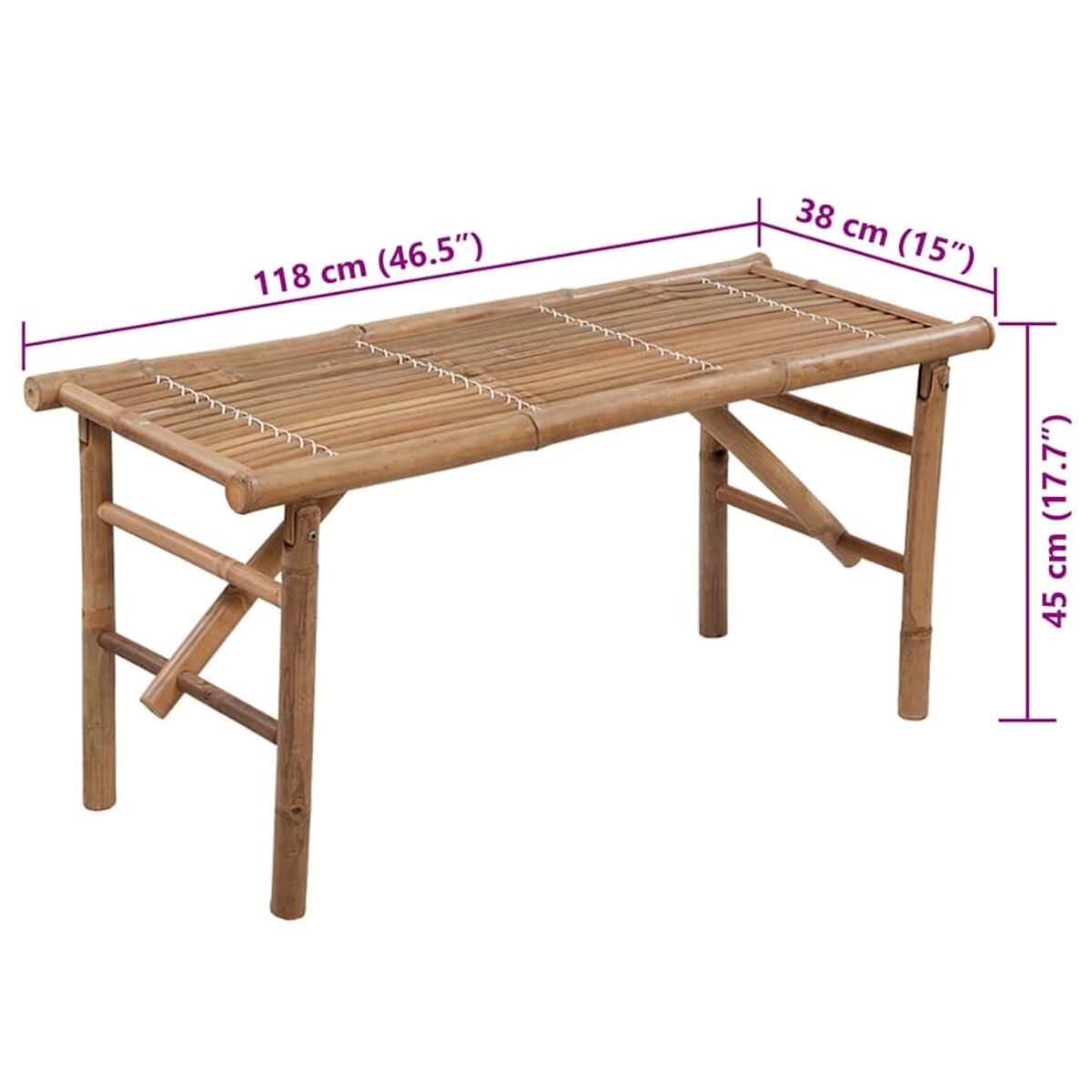 Ein Bambus-Klapptisch mit angegebenen Maßen: 118 cm lang, 38 cm breit und 45 cm hoch.