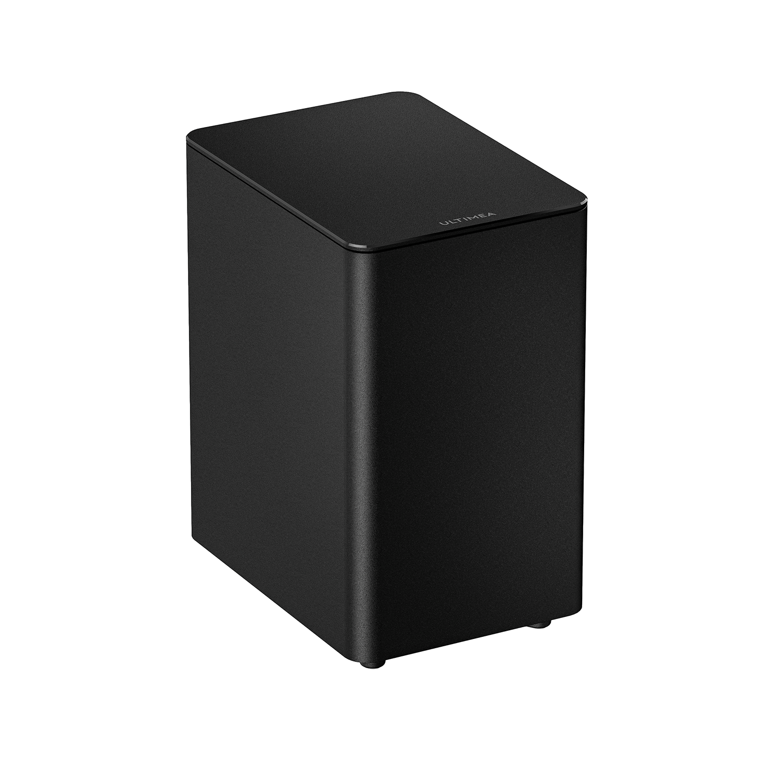 Czarny subwoofer Ultimea o prostym prostokątnym kształcie na białym tle.