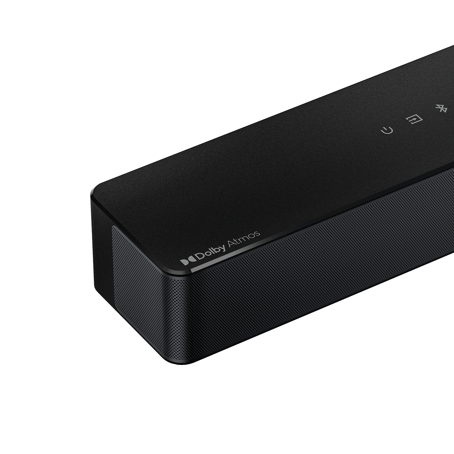 Czarny soundbar z logo Dolby Atmos i przyciskami sterowania.