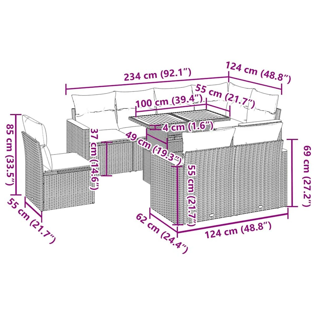 Set divano in rattan da esterno con dimensioni in cm. Include divano, sedia e tavolino.