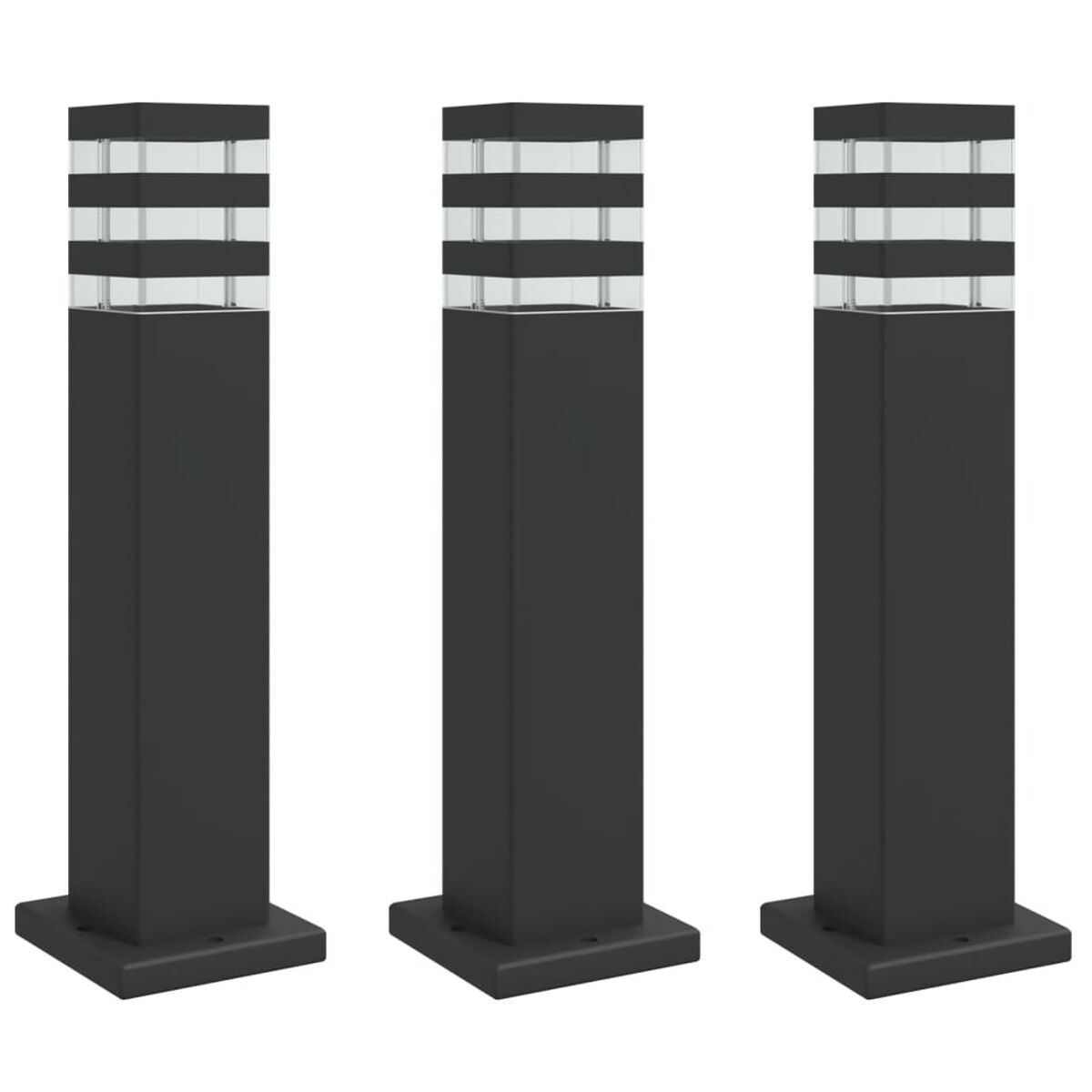 Drei schwarze, quadratische Außenlampen. Sie sind hoch, mit klaren Abschnitten in der Mitte.