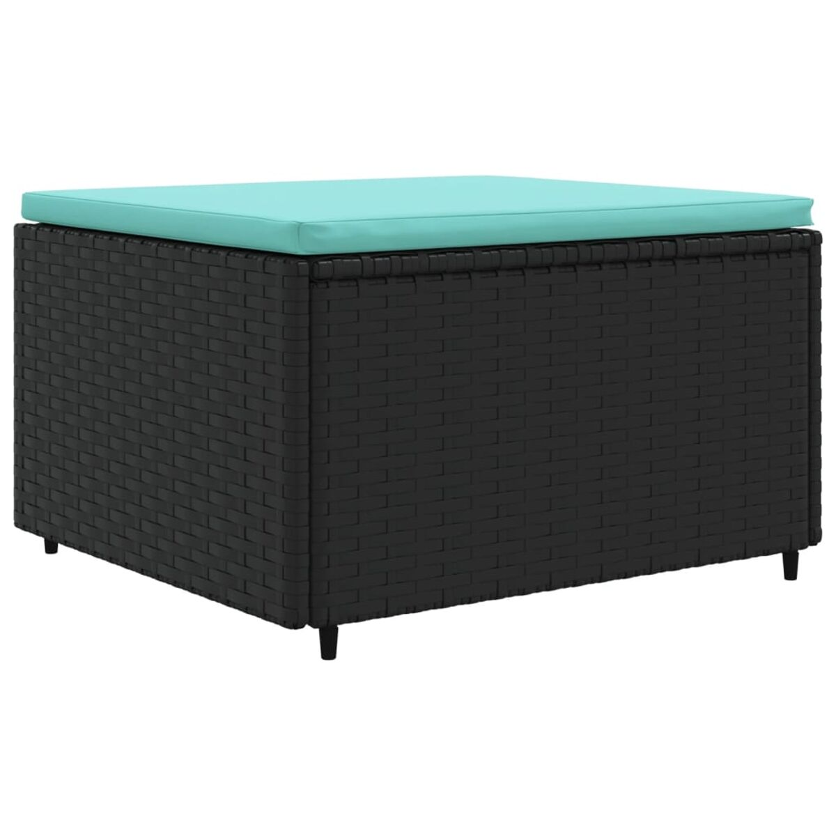 Pouf cubo in vimini nero con cuscino turchese sopra.