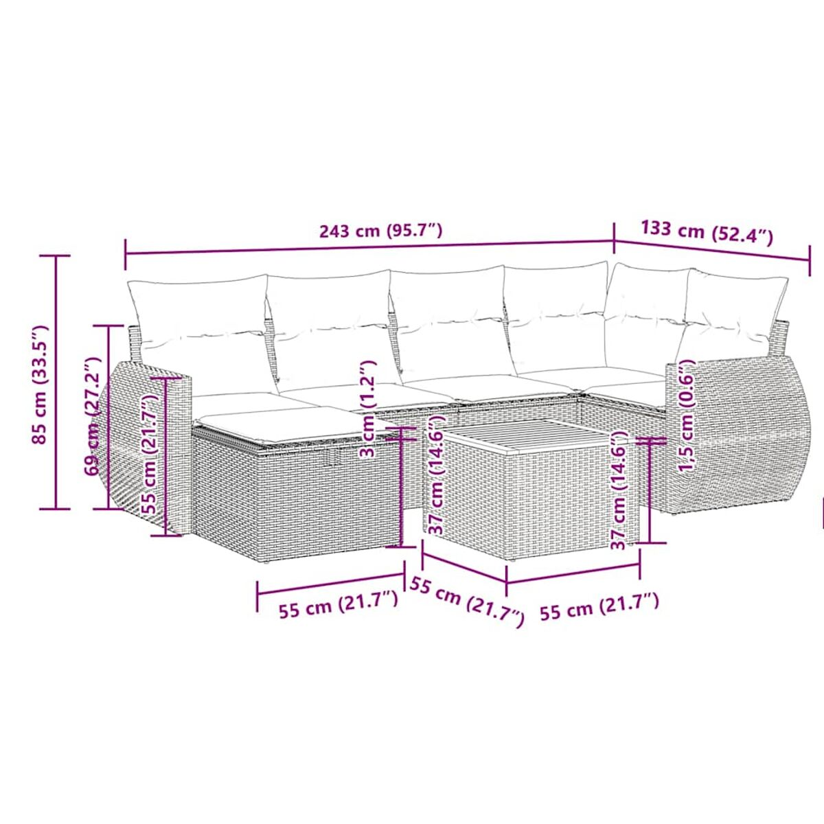 Divano componibile per esterni con dimensioni, con cuscini grigi e design intrecciato, su un patio.