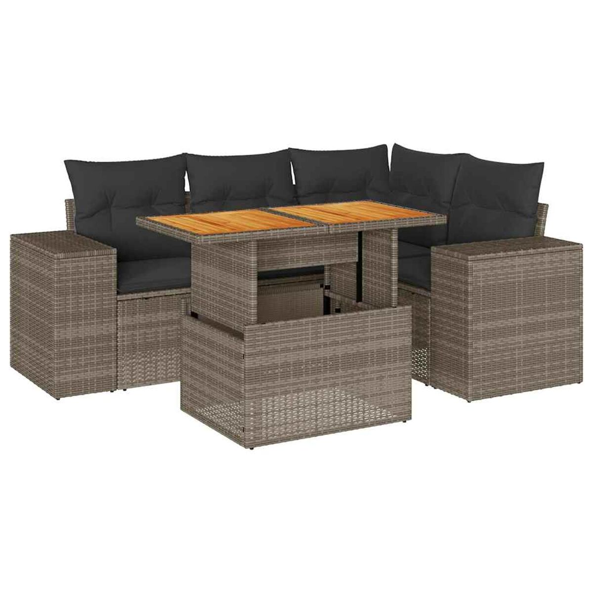 Divano componibile in vimini grigio con cuscini neri e tavolo sollevabile. Set di mobili moderno.