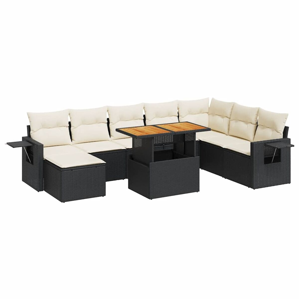 Divano componibile marrone scuro con cuscini color crema, tavolo sollevabile, sfondo bianco.