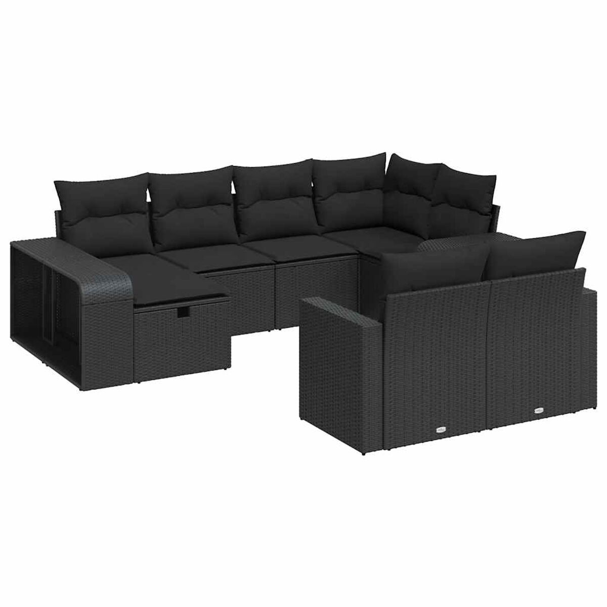 Divano componibile da esterno in rattan nero con cuscini neri. Sfondo bianco.