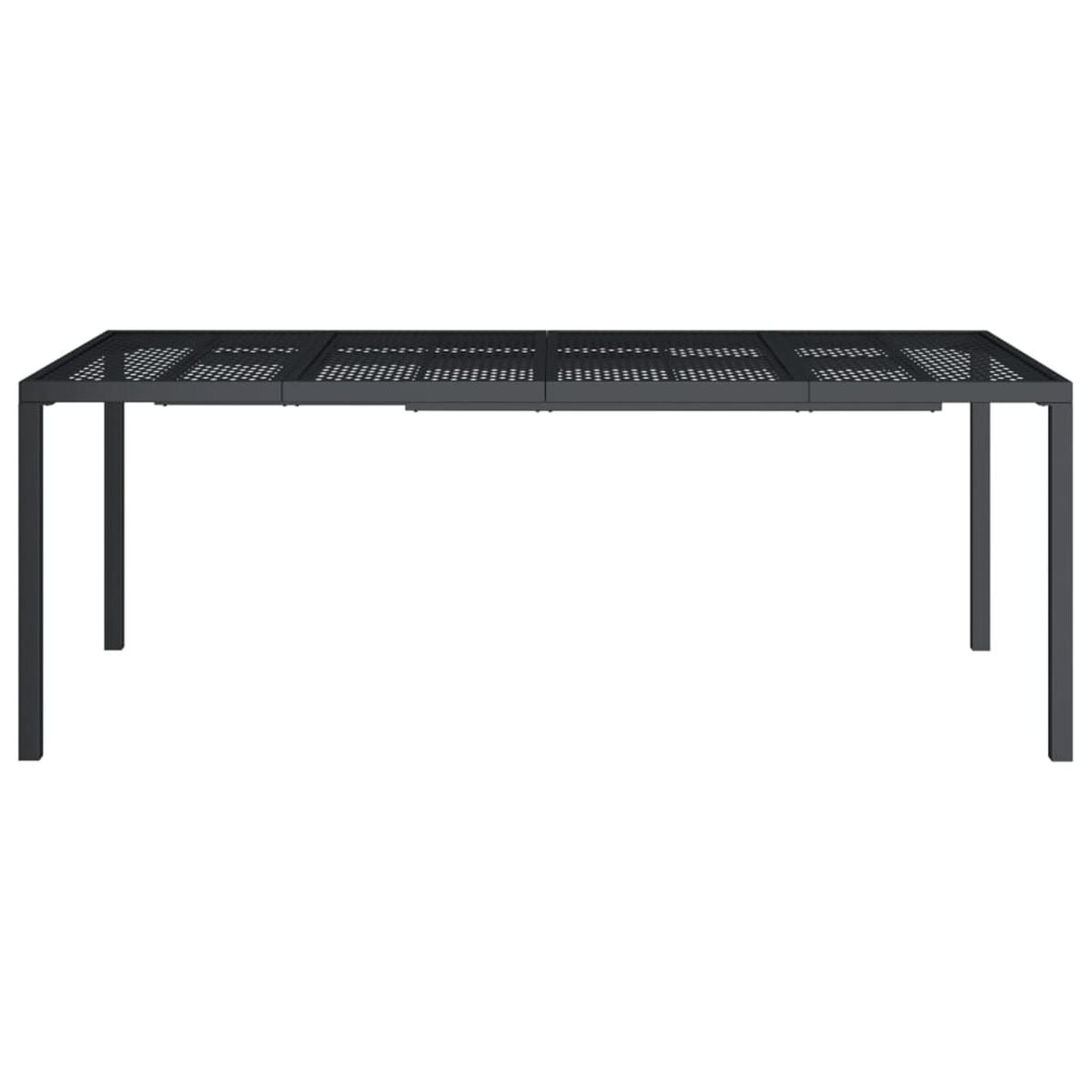 Schwarzer Metall-Außentisch mit Lattenrost. Der Tisch ist rechteckig mit vier Beinen.