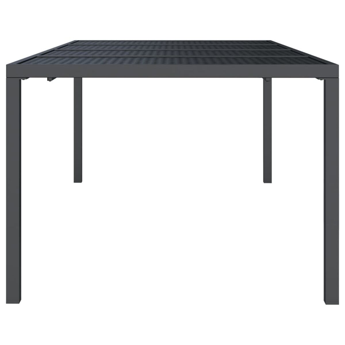 Eine graue Metallpergola mit vier Beinen, vor weißem Hintergrund, von unten gesehen.