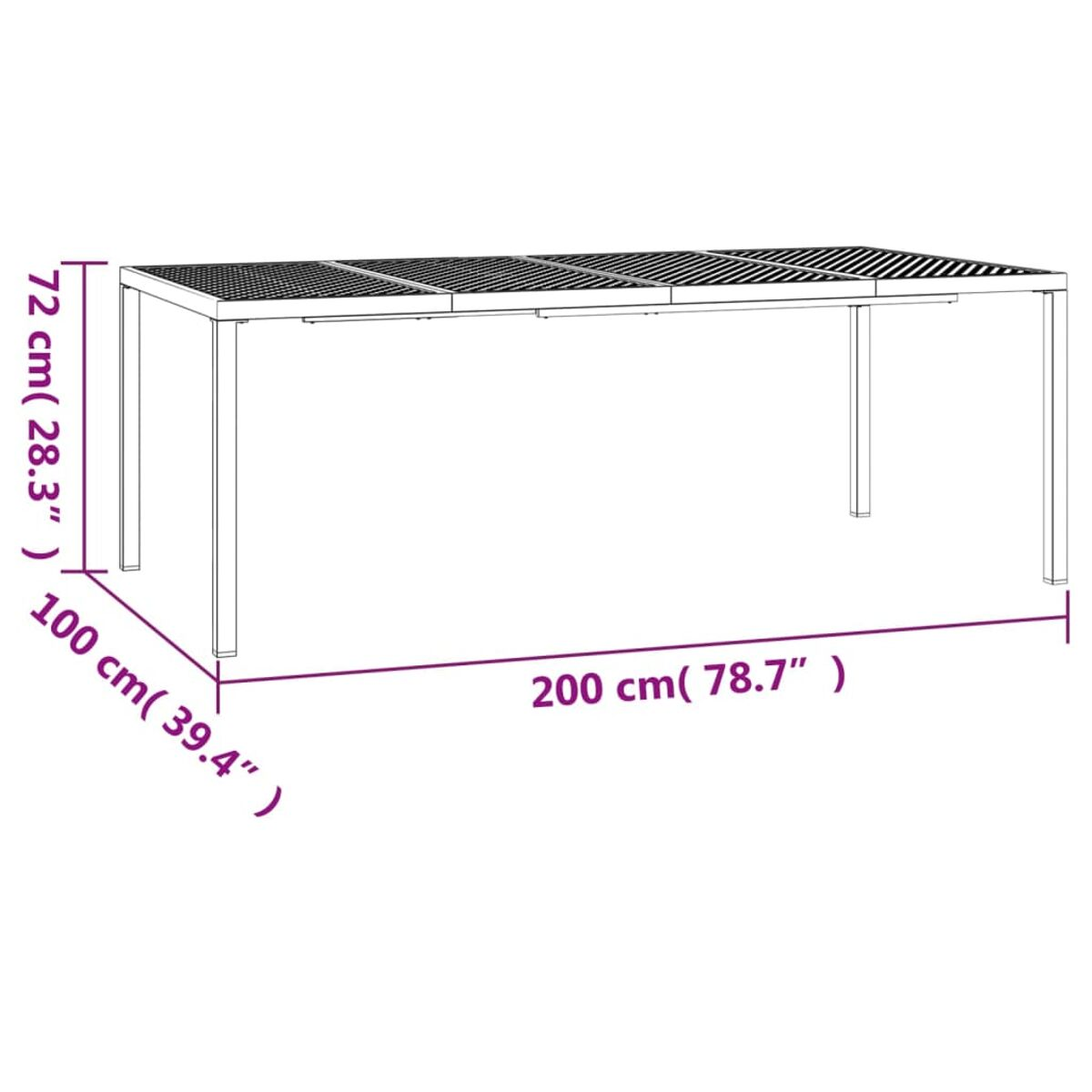 Ein weißer Tisch mit schwarzer Oberplatte. Die Maße sind in Zentimetern angegeben. Das Diagramm ist weiß.