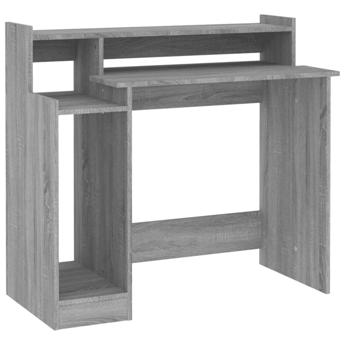 Grauer Computertisch aus Holz. Er hat Regale, eine Tischfläche und Stauraum.