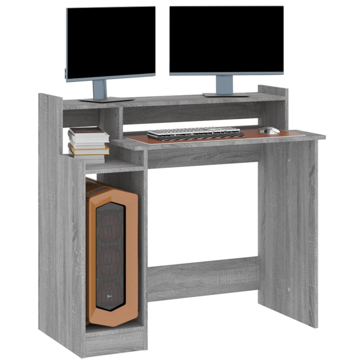 Grauer Computertisch mit Monitoren, Tastatur und Computer-Tower.