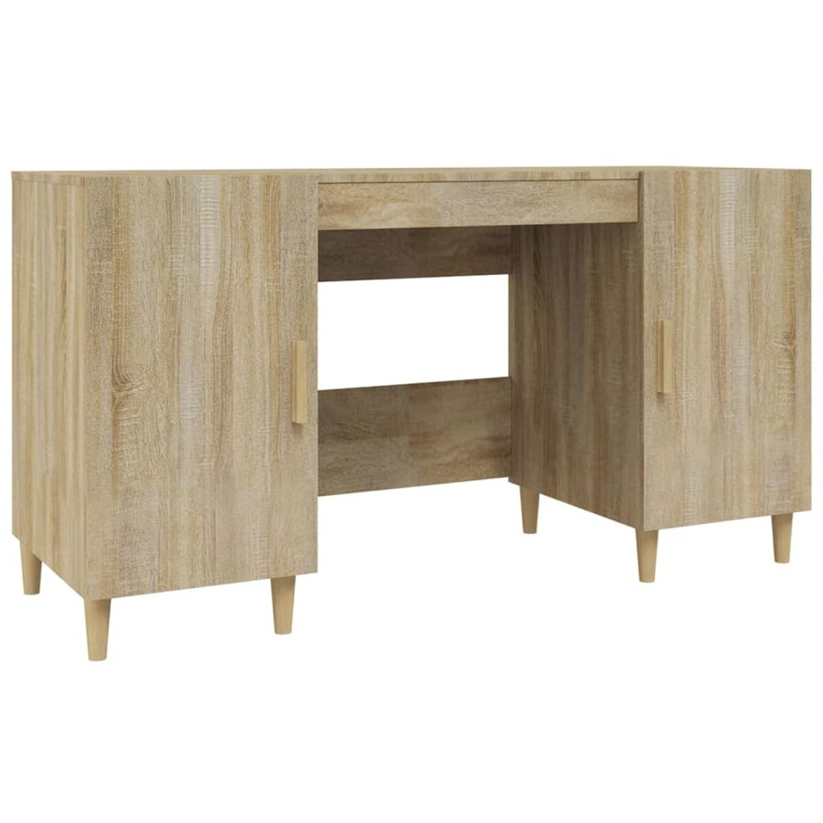 Holzschreibtisch mit zwei Schränken, einer Schublade und hellem Holzfinish.