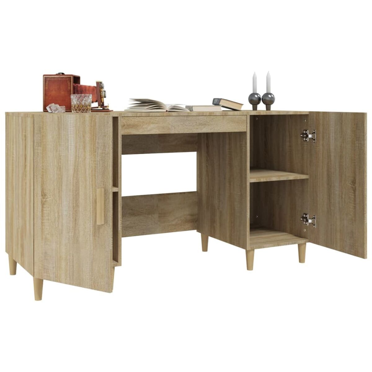 Holzschreibtisch mit offenen Türen, Schublade und Regalen, mit Büchern, Kerzen und Zubehör.