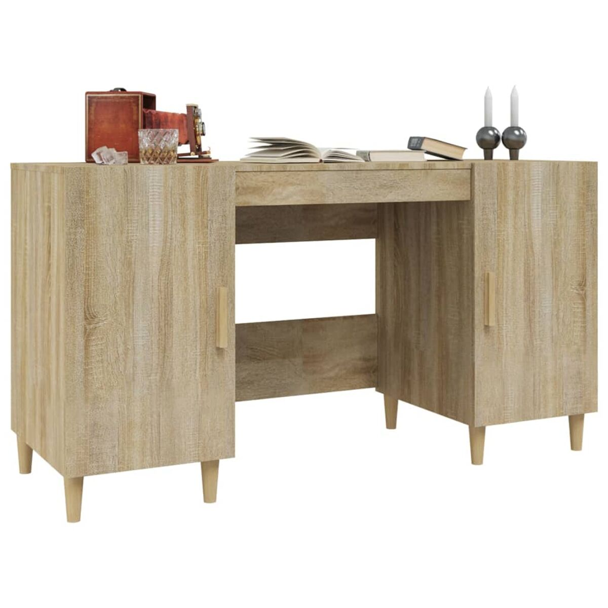 Ein Holzschreibtisch mit zwei Schränken und einer zentralen Schublade. Bücher, Kerzen und ein Glas stehen oben.