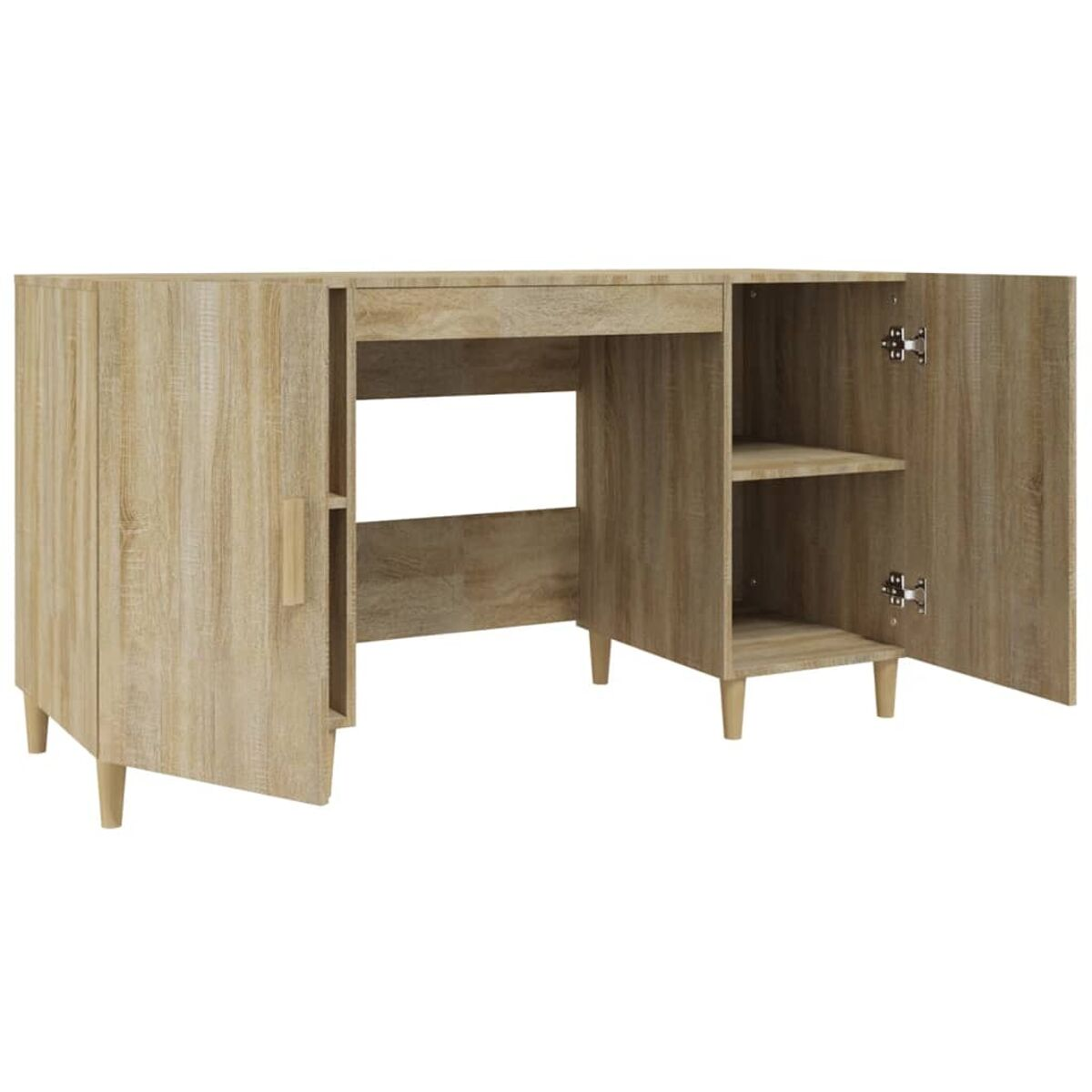 Holzschreibtisch, helle Farbe, offene Regale und geschlossene Schranktüren. Minimalistisches Design.