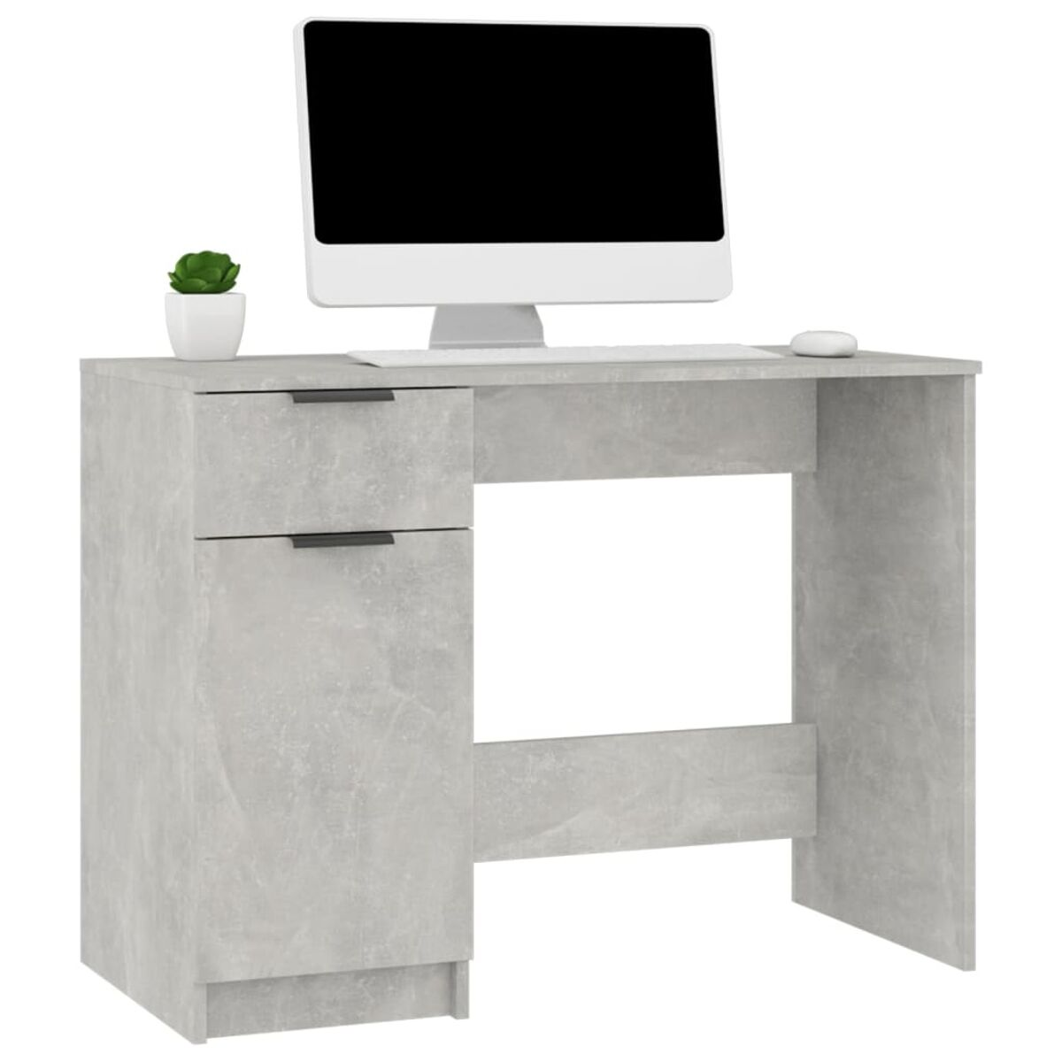 Ein grauer Schreibtisch mit Computer, kleiner Pflanze und Maus. Er hat eine Schublade und einen Schrank.