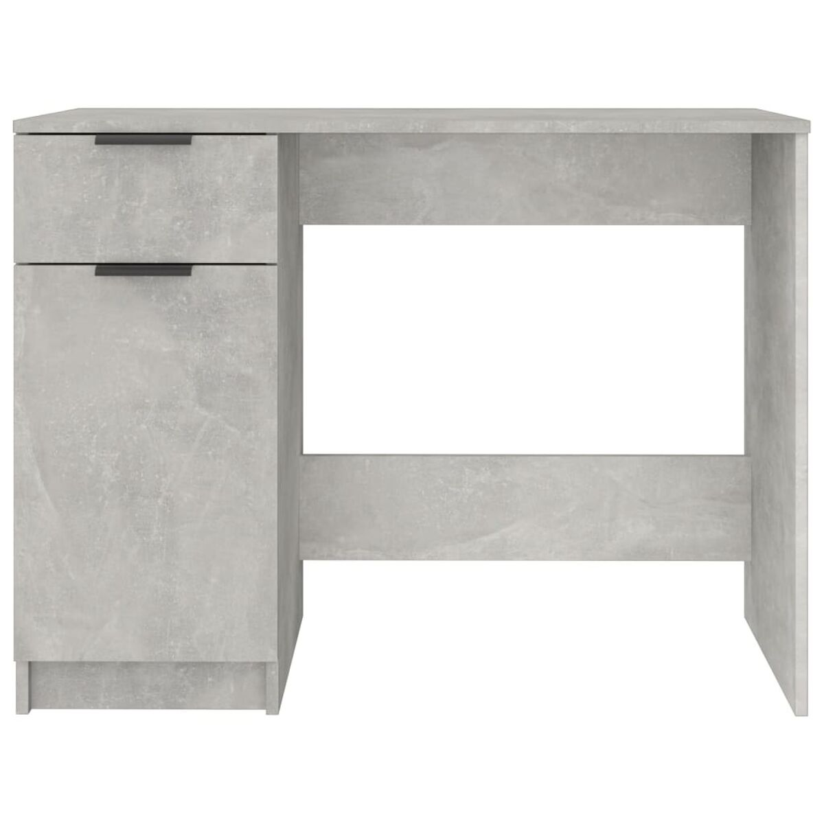Ein hellgrauer Schreibtisch mit Schublade und Schrank. Schwarze Griffe. Ein schlichtes, modernes Design.