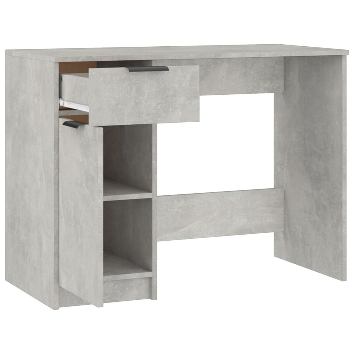 Grauer Schreibtisch mit offener Schublade und Regal. Der Schreibtisch hat eine betonartige Textur.