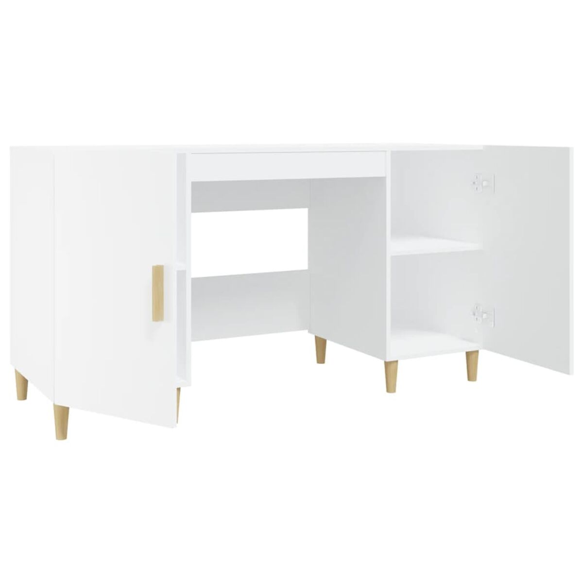 Weißer Schreibtisch mit offenen Türen. Schublade und Regale sichtbar. Holzbeine.
