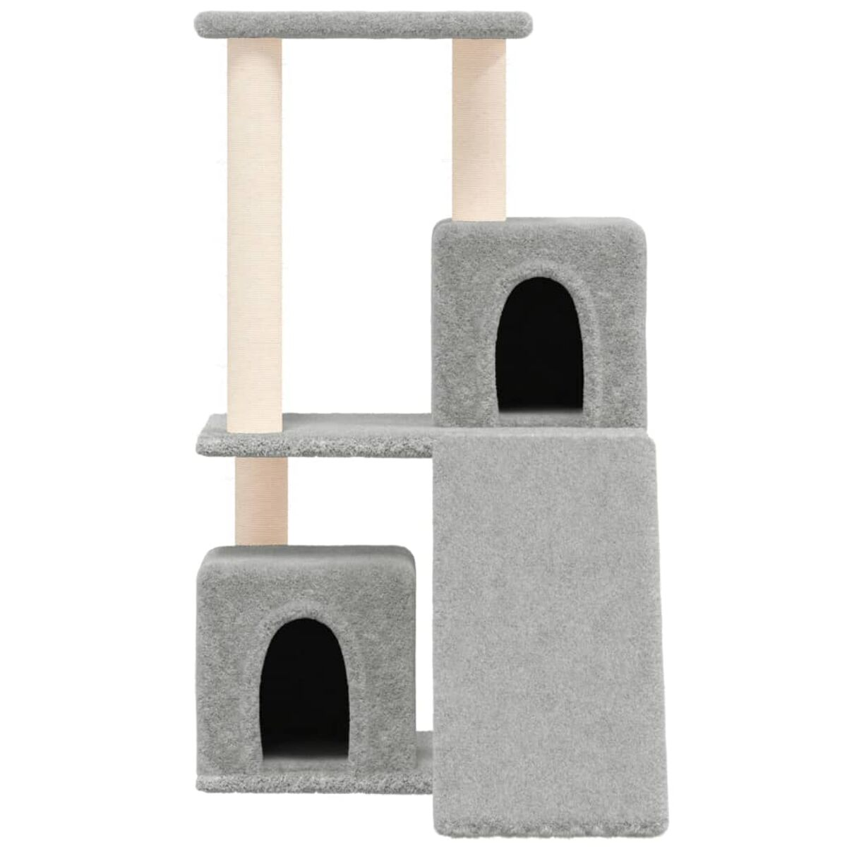 Ein grauer Katzenbaum mit zwei Höhlen, Plattformen und Kratzpfosten. Weißer Hintergrund.
