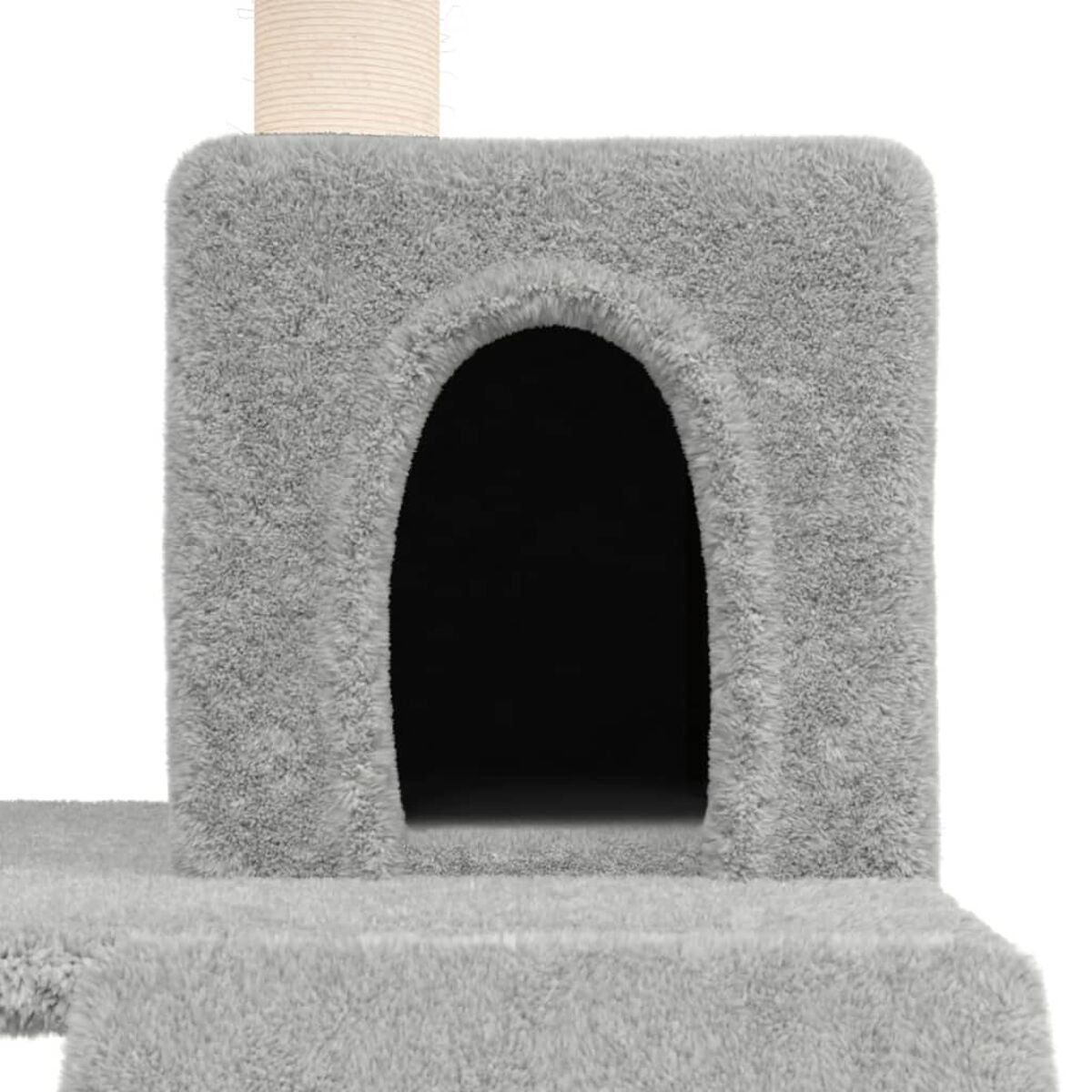 Ein grauer Katzenbaum mit Höhle, Plattform und Kratzbaum.
