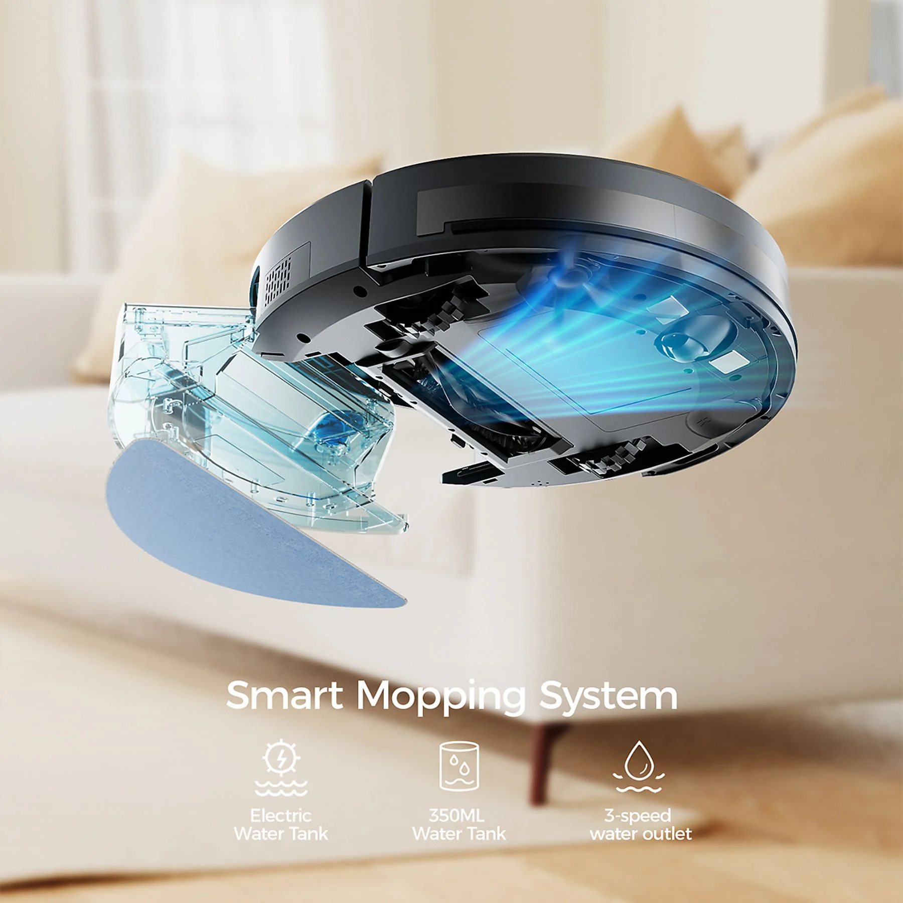 Schwarzer Roboter-Staubsauger mit blauem Licht und einem intelligenten Wischsystem.