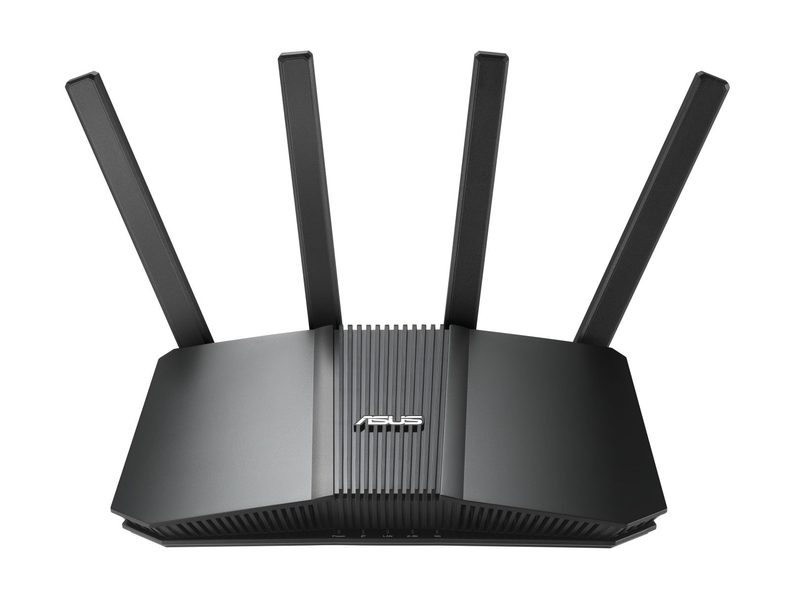 Schwarzer ASUS WLAN-Router mit vier Antennen. ASUS-Logo in der Mitte. Weißer Hintergrund.