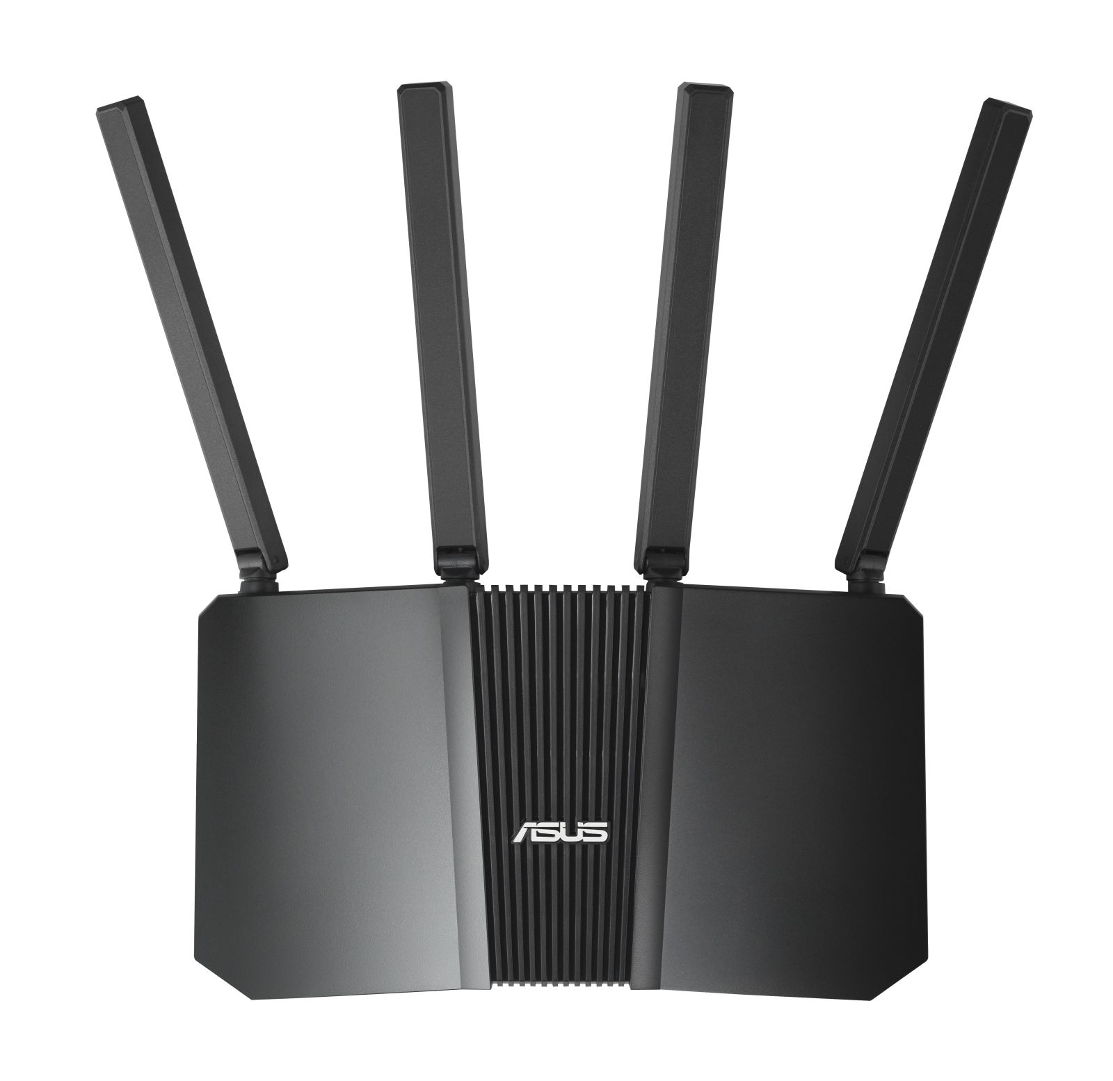 Schwarzer ASUS-Router mit vier schwarzen Antennen. Abgewinkeltes Design mit ASUS-Logo in der Mitte.