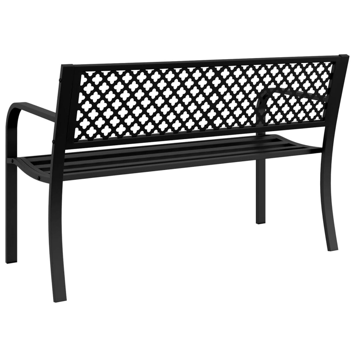 Eine schwarze Outdoor-Bank mit gemusterter Rückenlehne, geschwungenen Armlehnen und Metallbeinen.