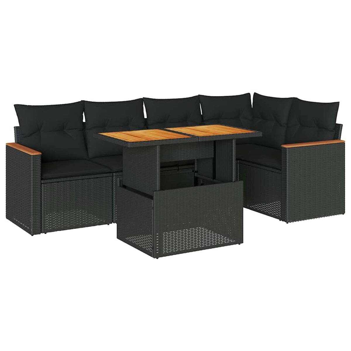 Set divano in rattan nero con tavolo in legno. Cuscini neri sui sedili.