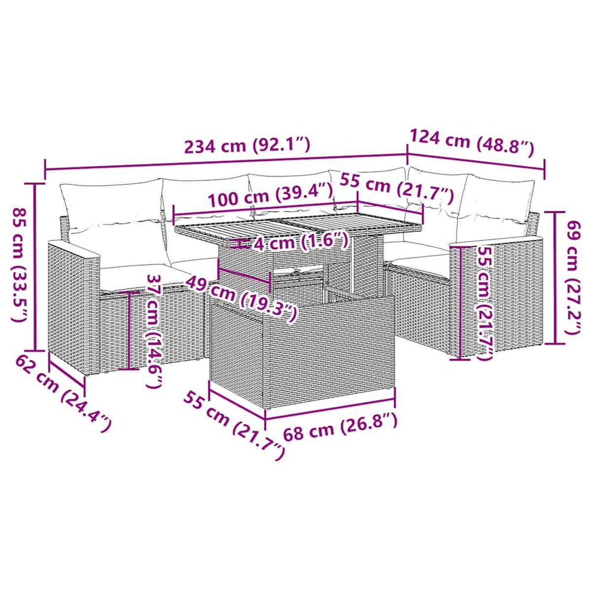 Un diagramma di un set da patio con dimensioni. Include un divano, due sedie e un tavolo.