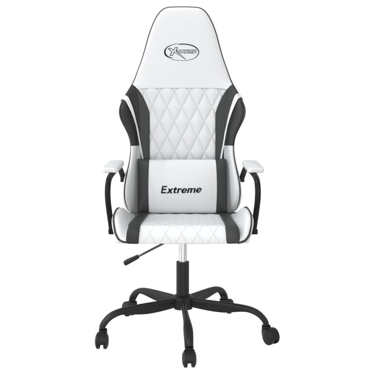 Weiß-schwarzer Gaming-Stuhl mit dem Wort „Extreme“ auf Kopf- und Rückenlehne.