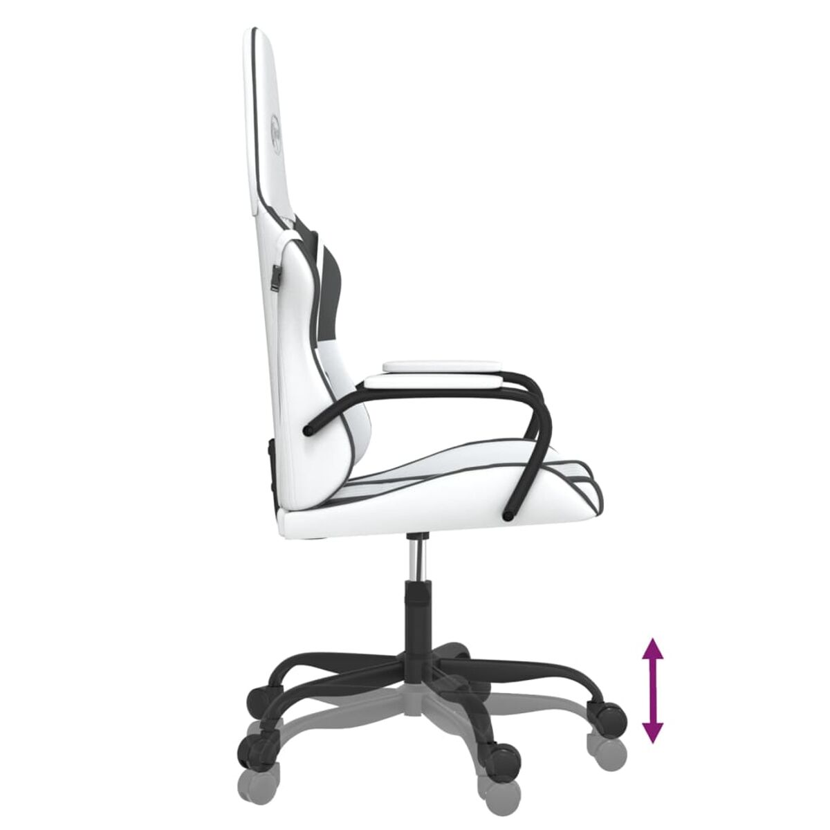 Seitenansicht eines weißen und schwarzen Gaming-Stuhls mit schwarzem Gestell. Der Stuhl steht auf Rädern.