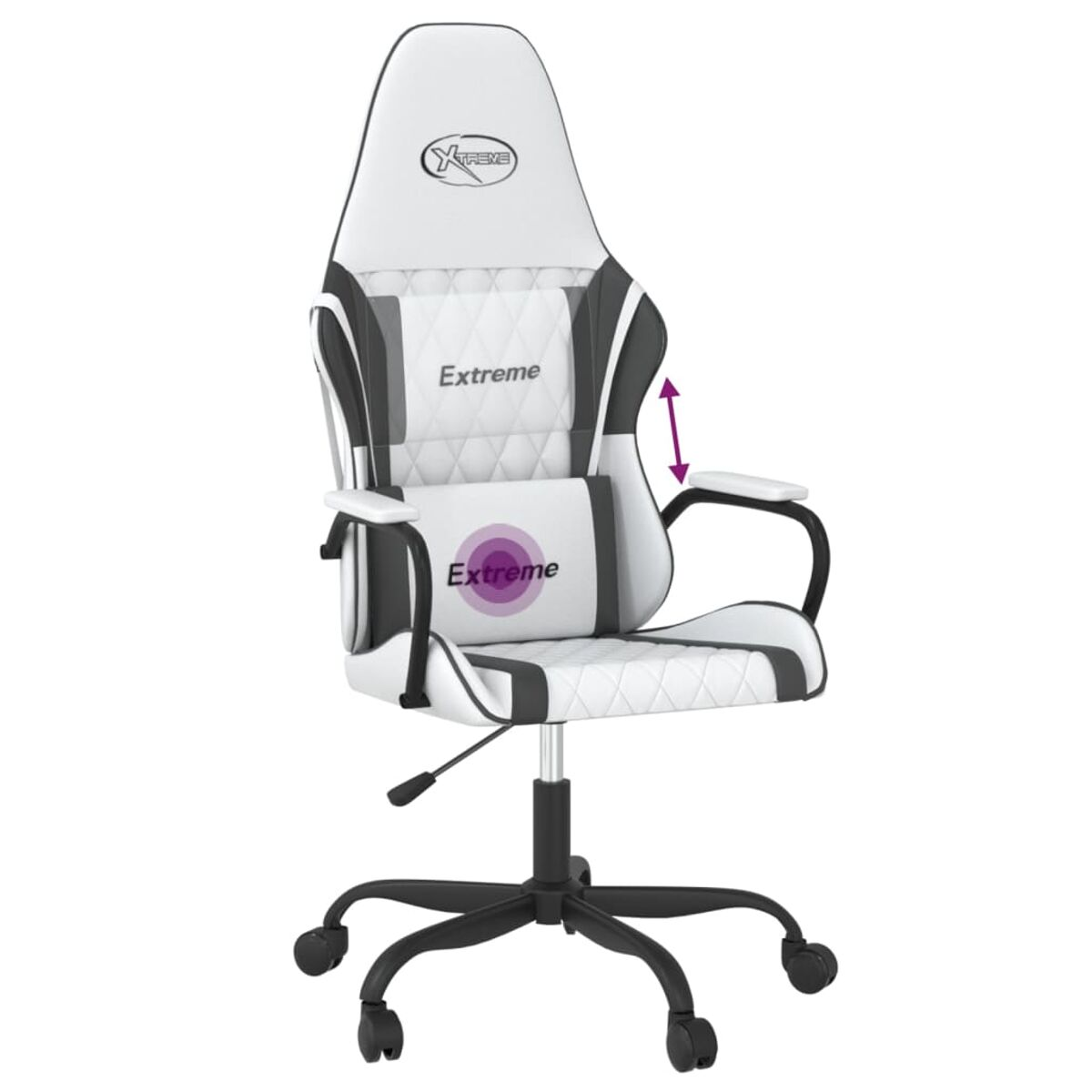 Gaming-Stuhl, weiß und schwarz mit Logo, auf Rädern.