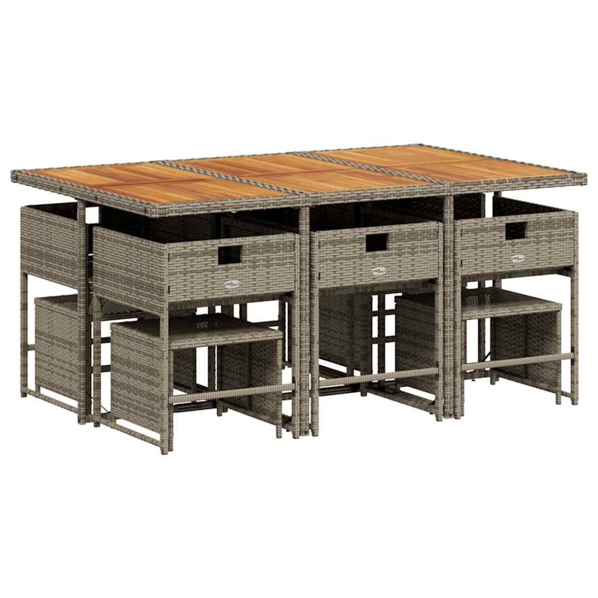 Rattan-Essgruppe für den Außenbereich, Holzplatte, Schubladen und Hocker. Es ist ein modulares, platzsparendes Design.