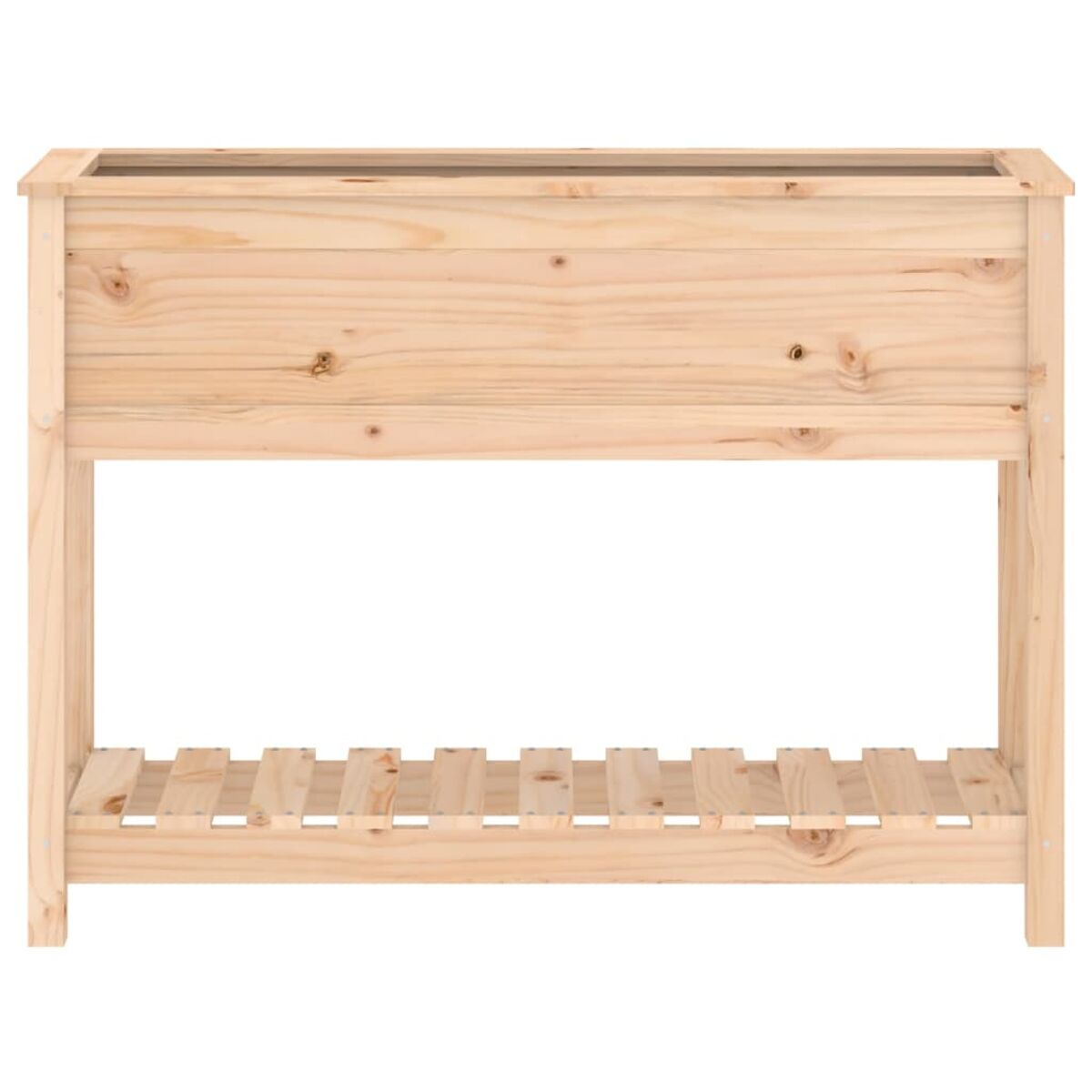 Rechteckiger Pflanzkübel aus Holz mit einem Regal. Der Pflanzkübel ist aus hellem Holz gefertigt.