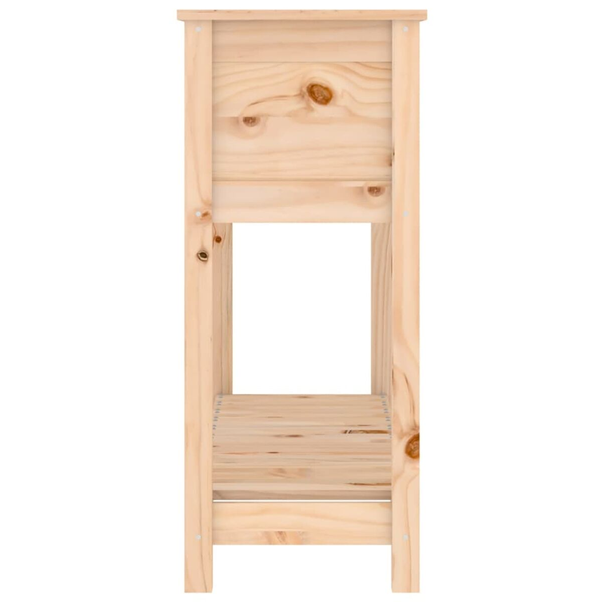 Pflanzenständer aus Holz mit einem Regal in der Mitte. Der Ständer ist hellbraun.