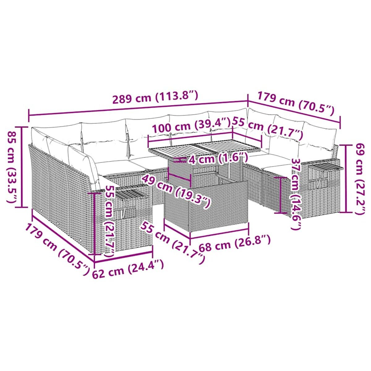 Schema di divano angolare in rattan da esterno con dimensioni. Le misure sono in cm e pollici.