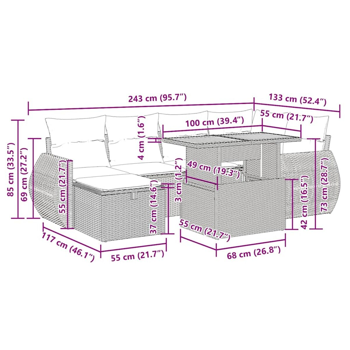 Outdoor-Sofa-Set aus Korbgeflecht mit Tisch und Maßangaben. Inklusive Kissen.