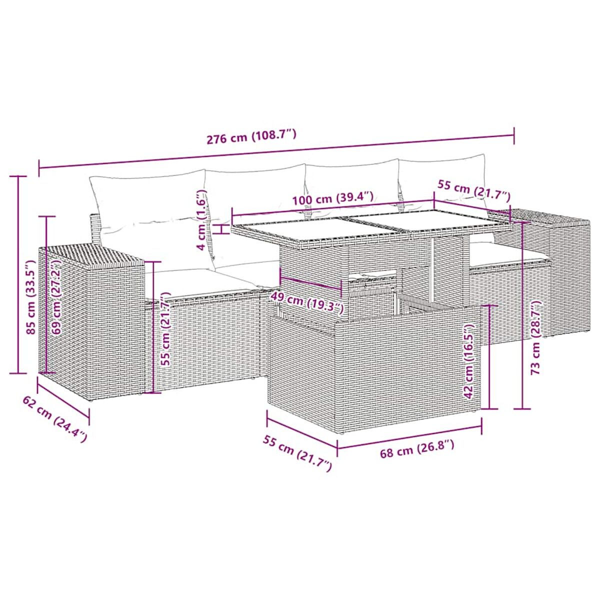 Set patio in vimini con tavolo. Le dimensioni sono etichettate.
