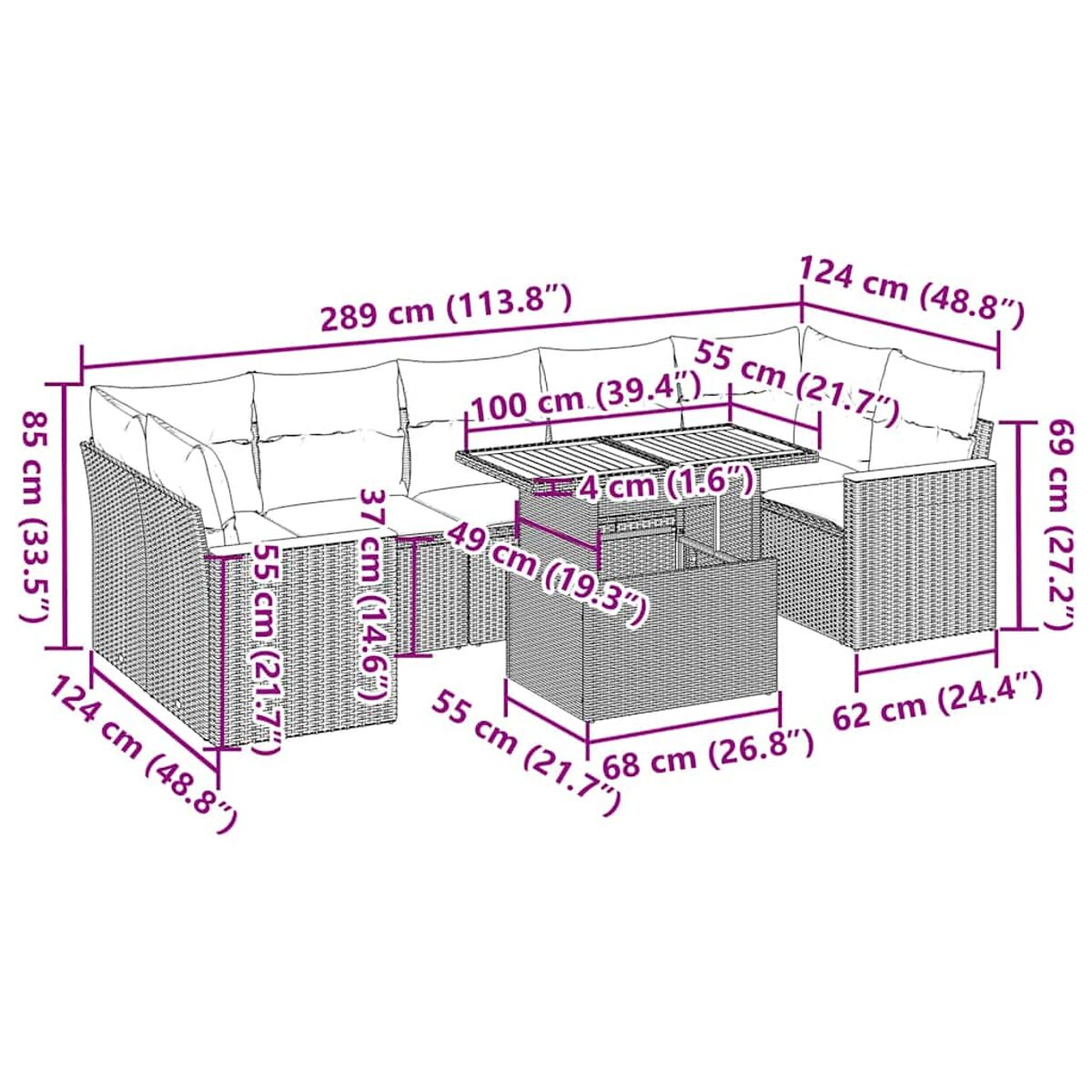 Diagramm eines schwarzen Outdoor-Ecksofas und Couchtischs. Abmessungen sind in cm und Zoll angegeben.