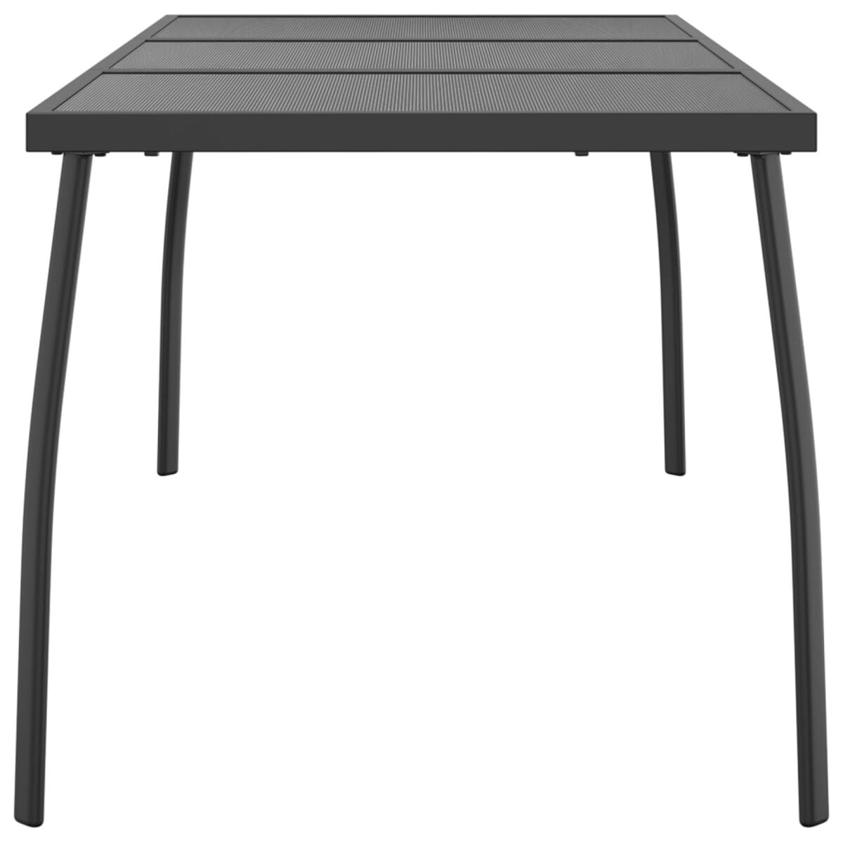 Ein schwarzer Metalltisch mit perforierter Oberfläche. Er hat dünne Beine und weißen Hintergrund.