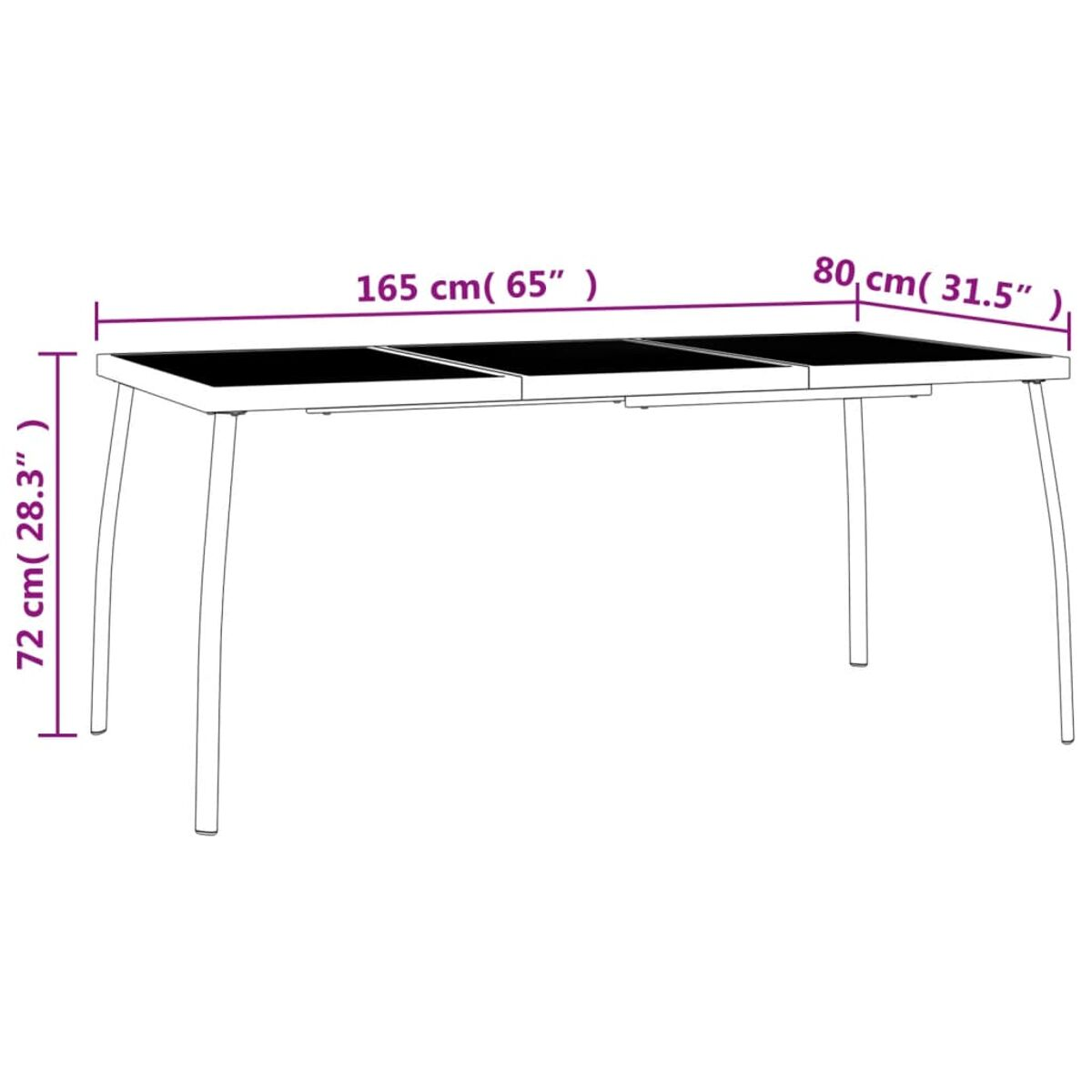 Ein rechteckiger Tisch mit Abmessungen in Zentimetern und Zoll. Der Tisch hat Metallbeine.