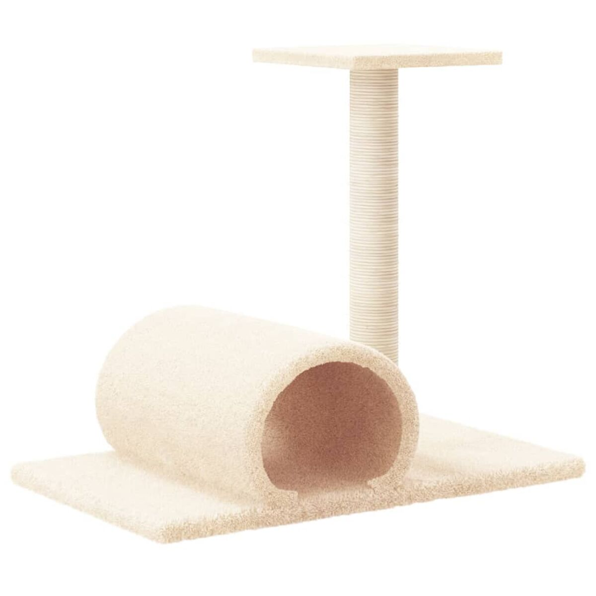 Ein Katzenturm mit beige Teppichbasis, Tunnel und oberer Plattform. Weißer Hintergrund.