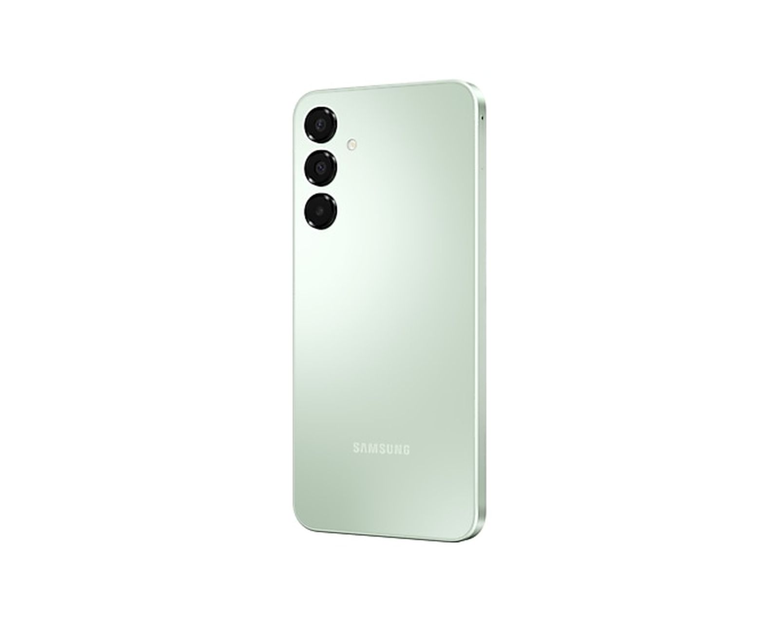Ein mintgrünes Smartphone mit drei Rückkameras, von hinten betrachtet.