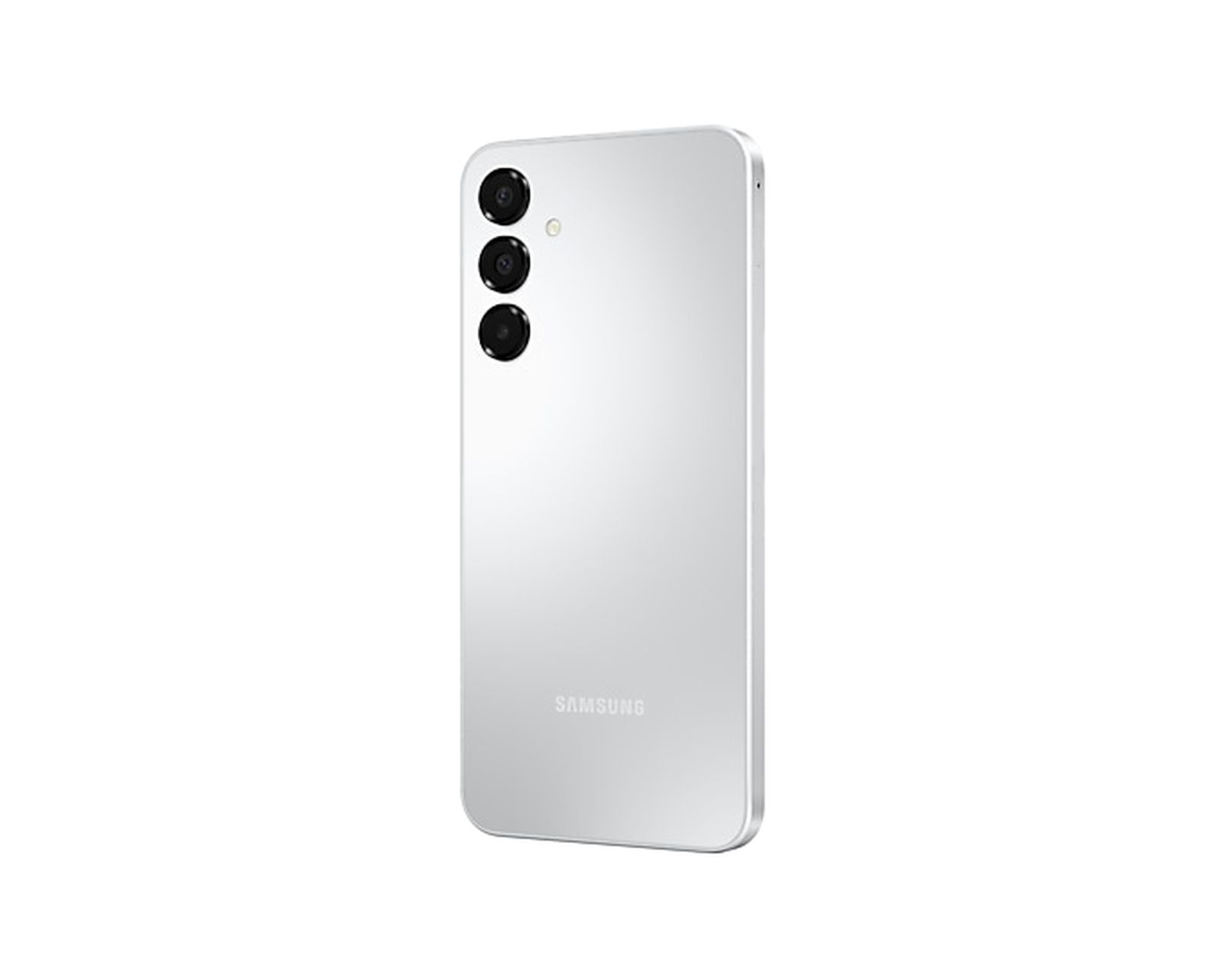 Telefono Samsung bianco, tre fotocamere posteriori, design elegante, isolato su sfondo bianco.