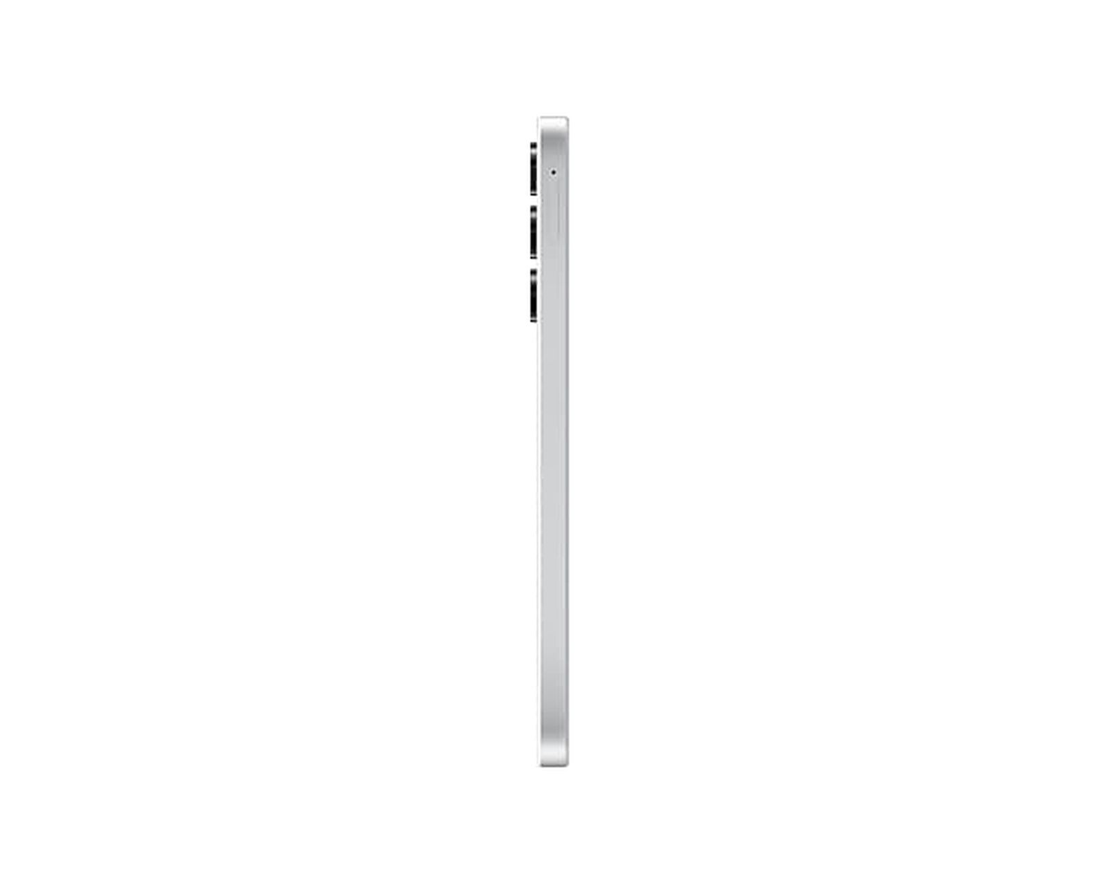 Uno smartphone bianco visto di lato. Le lenti della fotocamera sono visibili.